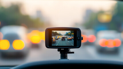 Dashcam capturing city traffic during sunset, highlighting modern technology in urban environment.