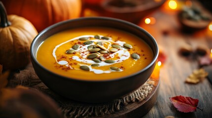 Photo of, A bowl of creamy pumpkin soup garnished with roasted pumpkin seeds and a swirl of coconut cream, Soup centered