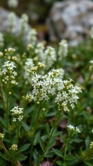 Small white flowers blooming on stems of perennial plant in alpine garden, scleranthus perennis, alpine garden, small bloom