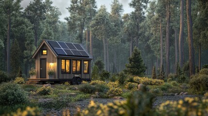 Tiny house in a forest at dusk, solar panels on the roof.
