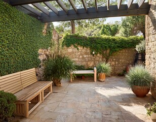 Obraz premium Charming Mediterranean patio with stone walls, lush greenery, potted plants, and a cozy wood