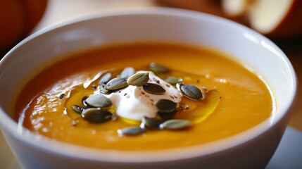 Photo of, A bowl of creamy pumpkin soup garnished with toasted pumpkin seeds and a drizzle of spiced cream, Pumpkin soup bowl centered