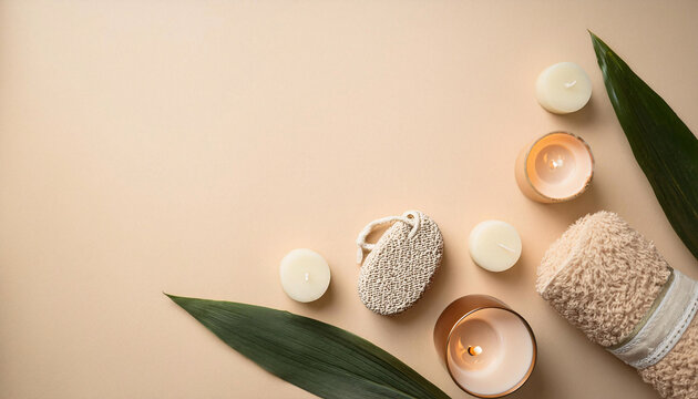Luxurious spa flatlay featuring candles, essential oils, a rolled towel, and a pumice stone for relaxation and self-care