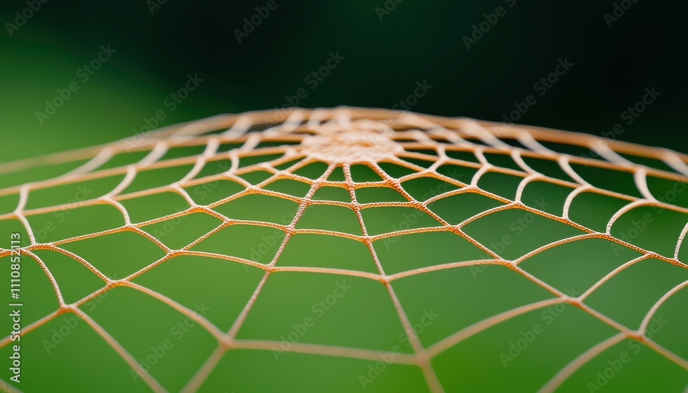 Poster a close-up view of a delicate spider web glistening in natural light, set against a soft green backg