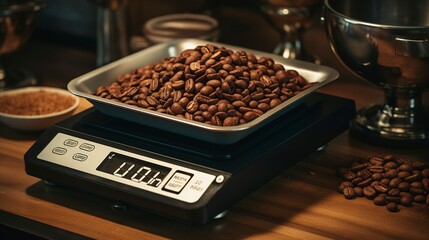 A photo of roasted coffee beans being weighed
