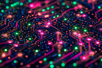 Obraz premium Illuminated circuit board with glowing pathways and connections.