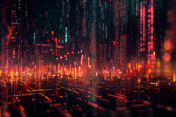 vibrant digital landscape with glowing data streams and fluctuating financial bars, creating dynamic and futuristic atmosphere