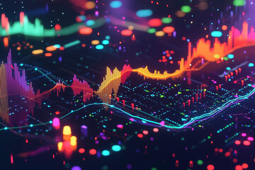 Vibrant financial charts glowing with holographic colors, showcasing dynamic data trends and analytics in futuristic digital landscape
