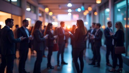 A vibrant networking event with business professionals engaging in conversation, blurred figures creating a sense of motion and activity