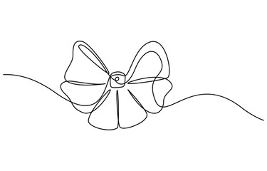 Decorative ribbon bow in continuous line art drawing style. Gift bow-knot black linear design isolated on white background, One continuous line drawing of gift ribbon red bow