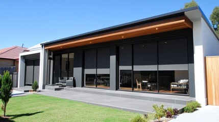 A contemporary residence with outside roller blinds on windows, giving the home a sleek, modern look while providing effective sun control