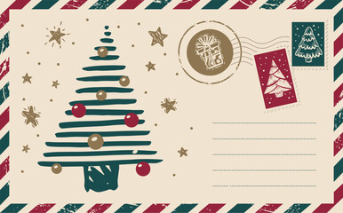 Obraz premium Christmas mail with tree, postcard, hand drawn illustration.