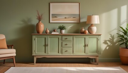 Wood sideboard in green living room with copy space