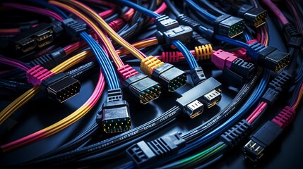 A photo of various computer connectors and cable