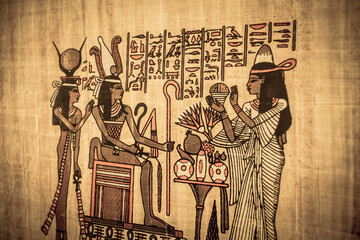 Artistic reproduction of ancient egyptian art on real papyrus