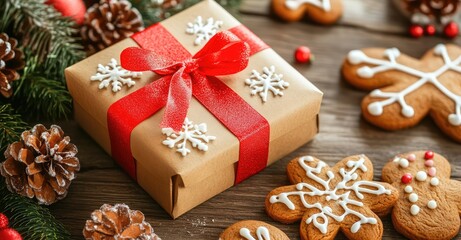Fototapeta premium Vintage Christmas Gift Box and Gingerbread Cookies. AI generated illustration.