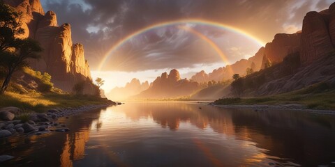The sun casts a warm glow over the serene river as a colorful rainbow arches above , rainbow, sun, glow