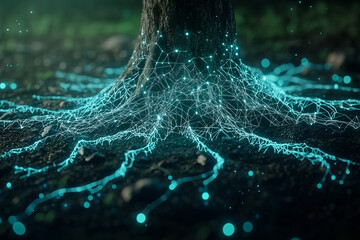 tree with glowing, holographic roots spreading below ground, showcasing network of light and energy. scene evokes sense of connection and vitality in nature