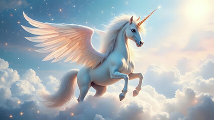 Unicorn amidst magical and glowing clouds. Ai generated