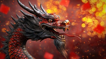 Majestic Chinese Dragon Mythical Creature Red Scales Fire Background Asian Art 3D Render