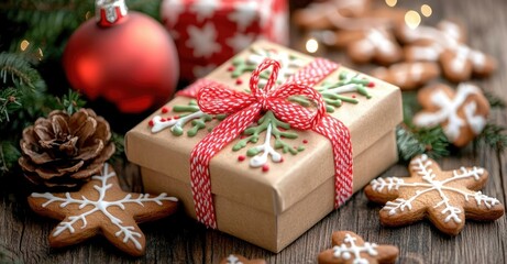 Fototapeta premium Vintage Christmas Gift Box and Gingerbread Cookies. AI generated illustration.