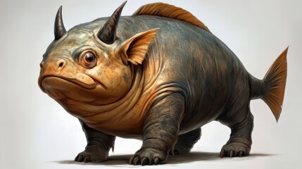Fototapeta premium Imaginative Creature with Horns and Fish-like Appearance against Neutral Background