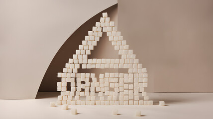 Sugar cubes meticulously stacked in the shape of a warning sign, symbolizing the cautionary message of excessive indulgence and the potential dangers of over consumption.