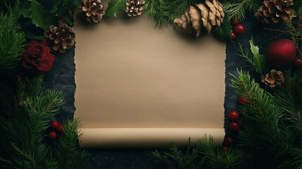 Blank Scroll Parchment with Festive Greenery and Pinecones for Holiday Designs