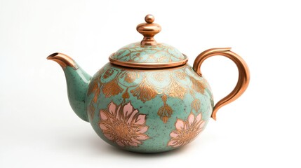Ornate teal teapot with copper accents and floral design.