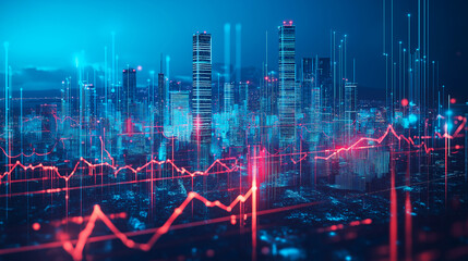Digital visualization of energy data and power grids with cityscape background symbolizing modern technology and analytics