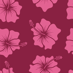 Tropical pink hibiscus flowers against a rich burgundy background