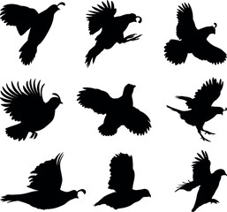 Quail flying silhouette vector illustration set