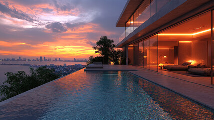 Luxurious Rooftop Pool House at Sunset with City Views