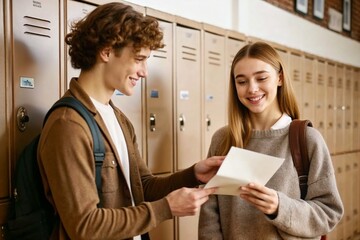 Cute teen boy lightheartedly hands a letter with love  confession to a smiling pretty girl by school lockers, creating a joyful connection.