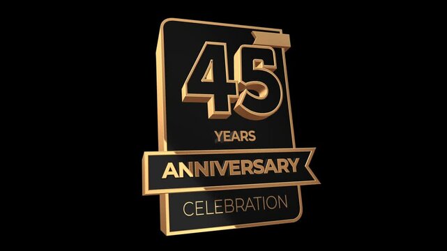 45 years, 45th anniversary logo, loop, looped video in 3D Gold with Alpha channel,  isolated transparent background