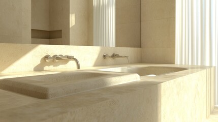 An upper perspective of a sleek beige bathroom with a stone double sink and elegant bathtub, featuring a modern mixer faucet and minimalist design