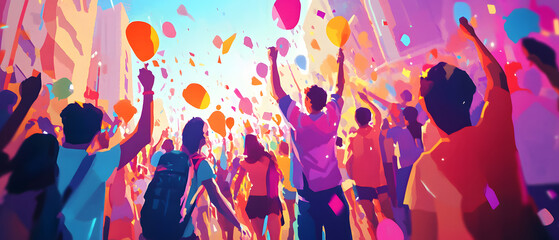 Vibrant Crowd Celebrating at a Colorful Festival with Balloons