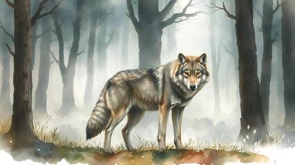 Fototapeta premium watercolor painting of a majestic wolf standing in a mysterious forest, green, wild