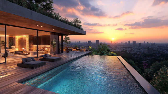 Luxurious Rooftop Pool with City Views at Sunset