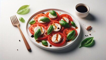 Fresh Caprese salad on a white plate with tomatoes, mozzarella, and basil