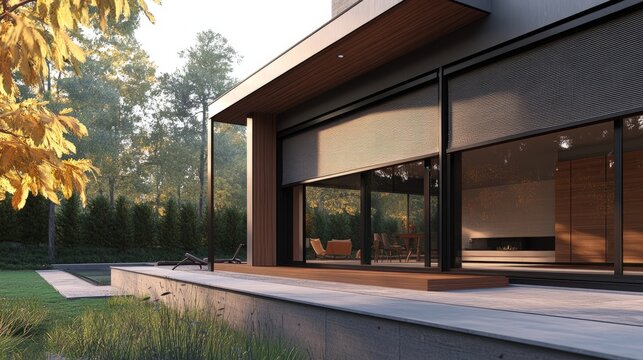 Exterior shot of a contemporary home with outside roller blinds, showcasing the modern architecture and sleek, functional window coverings