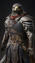 Fototapeta premium Eagle Headed Warrior in Dark Armor and Sword