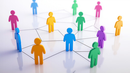 Colorful network of interconnected figures representing teamwork, collaboration, and social media networks connections