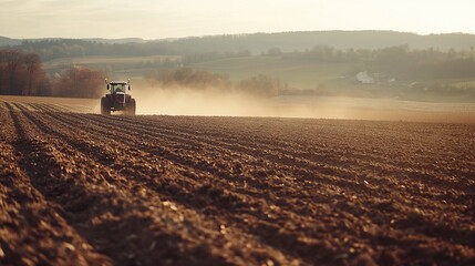 Fototapeta premium Tractor plowing field at sunset, dust trails visible.