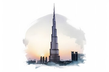 Skyline of Dubai Cityscape landmark skyline. Watercolor illustration

