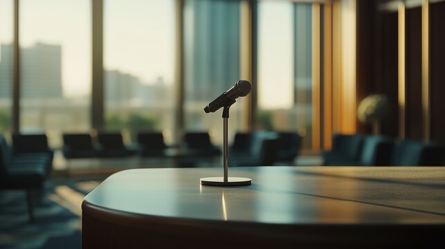 Empty conference room with microphone on podium in modern office building