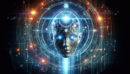 Floating robotic head with glowing eyes and antenna, symbolizing AI technology