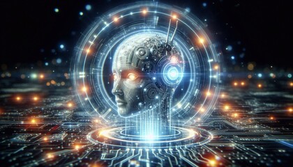 Obraz premium Floating robotic head with glowing eyes and antenna, symbolizing AI technology