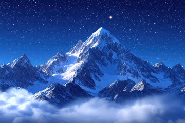 A majestic snow-covered mountain under a starry night sky, evoking tranquility and awe.