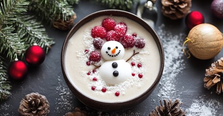 Winter Christmas Smoothie Bowl with Coconut and Snowman. AI generated illustration.